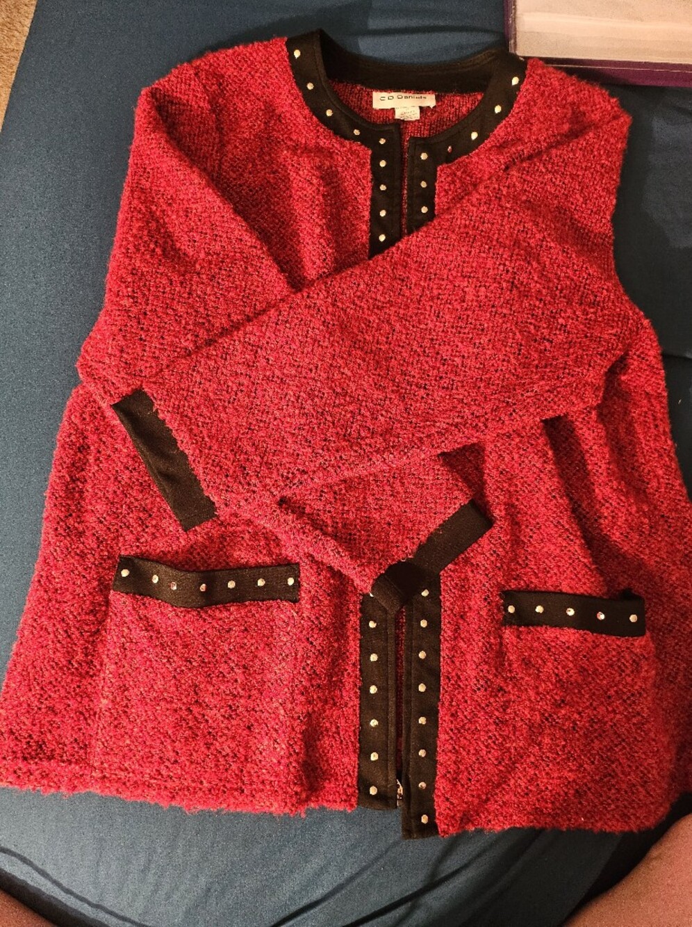 Cathy Daniels Womens Jacket/sweater Red Black Full Zip Pockets Collarless Xl - Picture 7 of 7